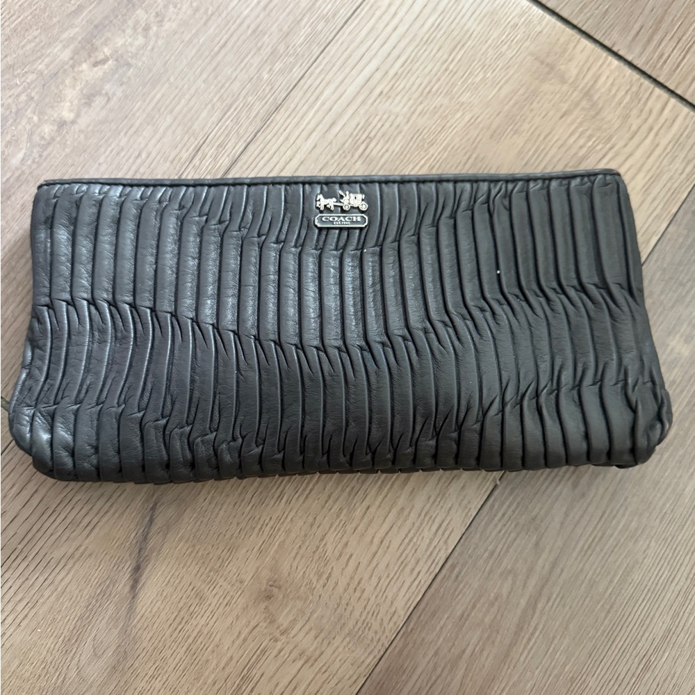 Coach Black Ruched Leather Zip Clutch Wallet with Silver Logo